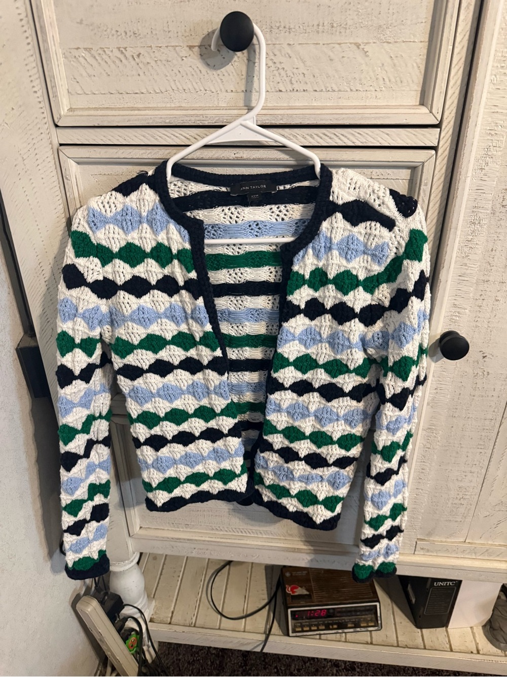 Ann Taylor Striped Scallop Knit Cardigan - White, Navy, Green, Light Blue